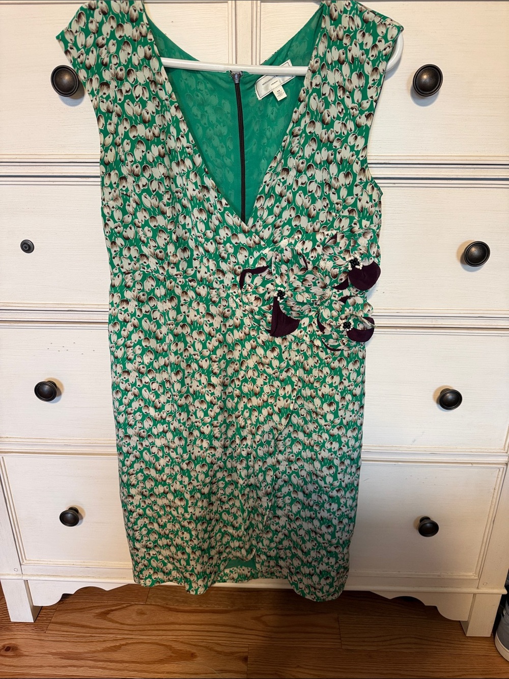 Anthropology Moulinette Soeurs Green Floral V-Neck Midi Dress with Side Bow Acct